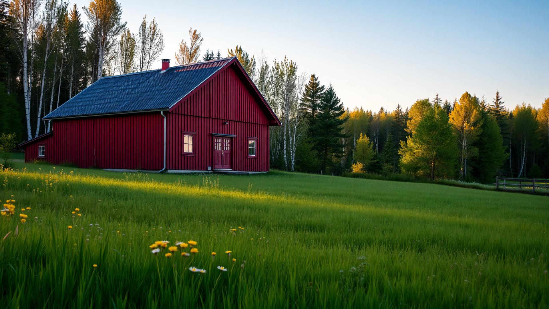 Röd svensk gård i sommargrönt landskap